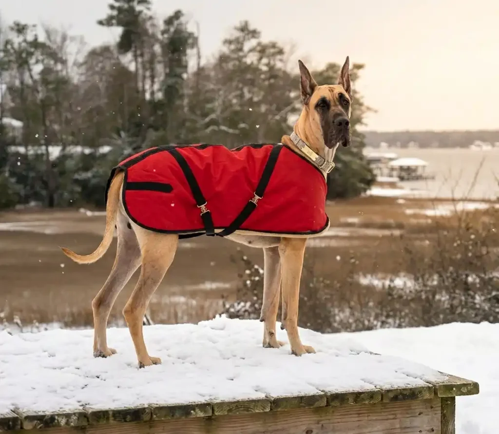 Red waterproof Foggy Mountain dog coat on a Great Dane standing outdoors in a snowy winter landscape by the water.