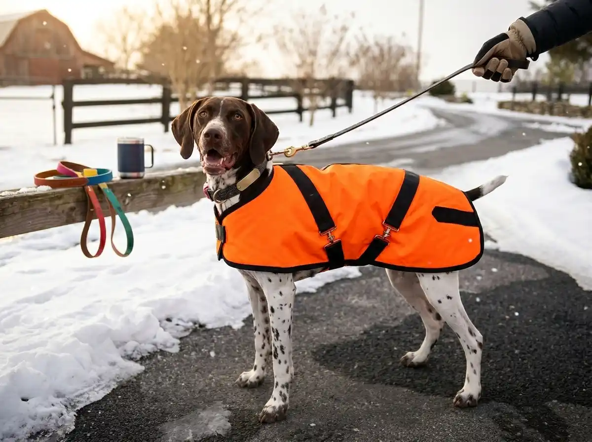 Large German Shorthaired Pointer on a leash wearing a bright blaze orange Foggy Mountain dog coat standing in a snowy driveway with a red barn in the background.