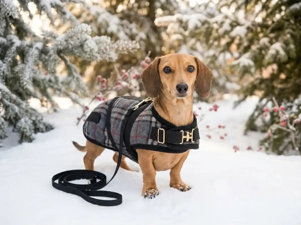 A dachshund standing in the snow wearing a grey plaid coat with a black harness and gold hardware, set against a background of snowy pine trees.