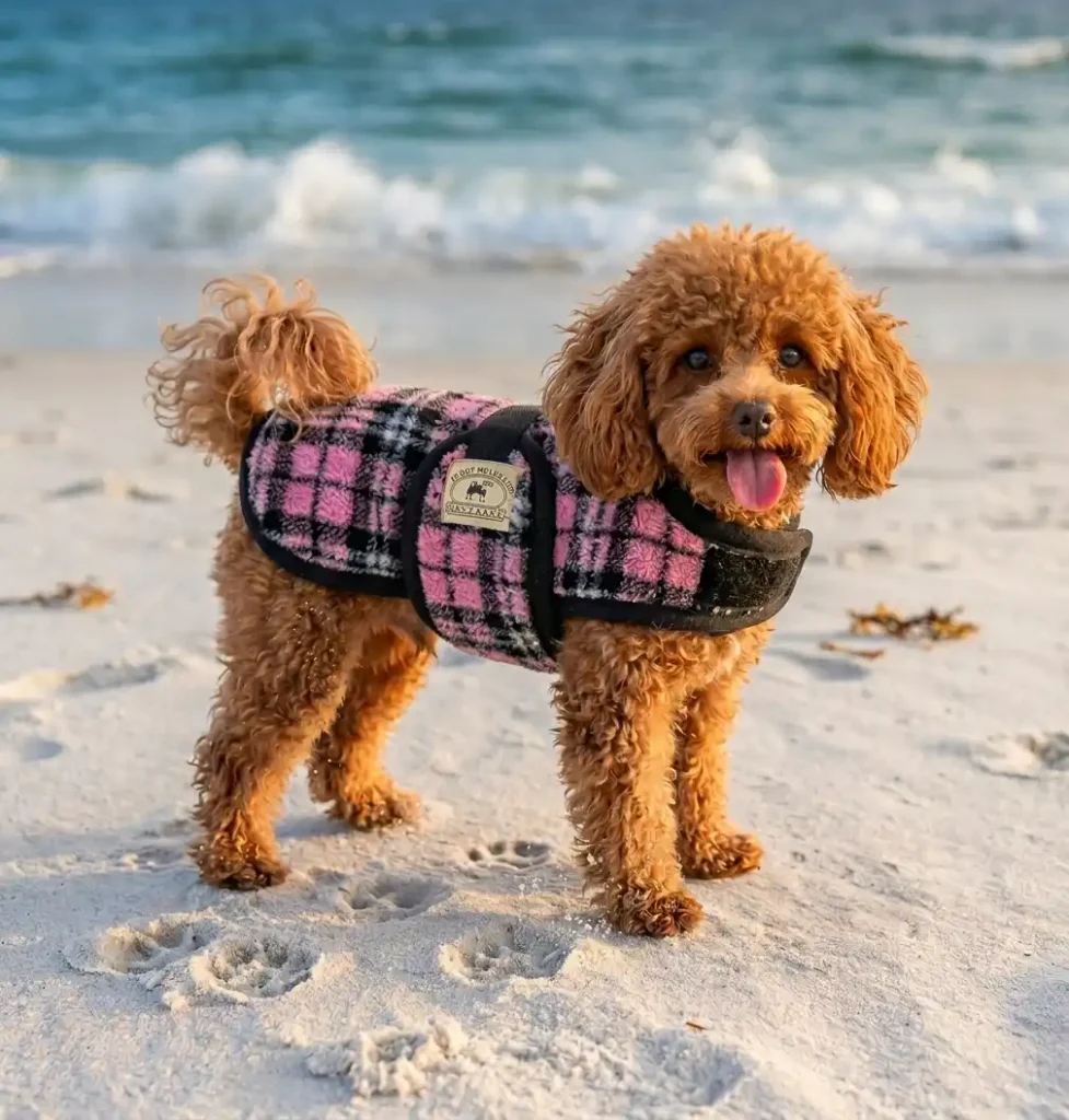 poodle-pink A small, brown toy poodle wearing a pink and pink and black plaid vest stands on a sandy beach with ocean waves in the background.