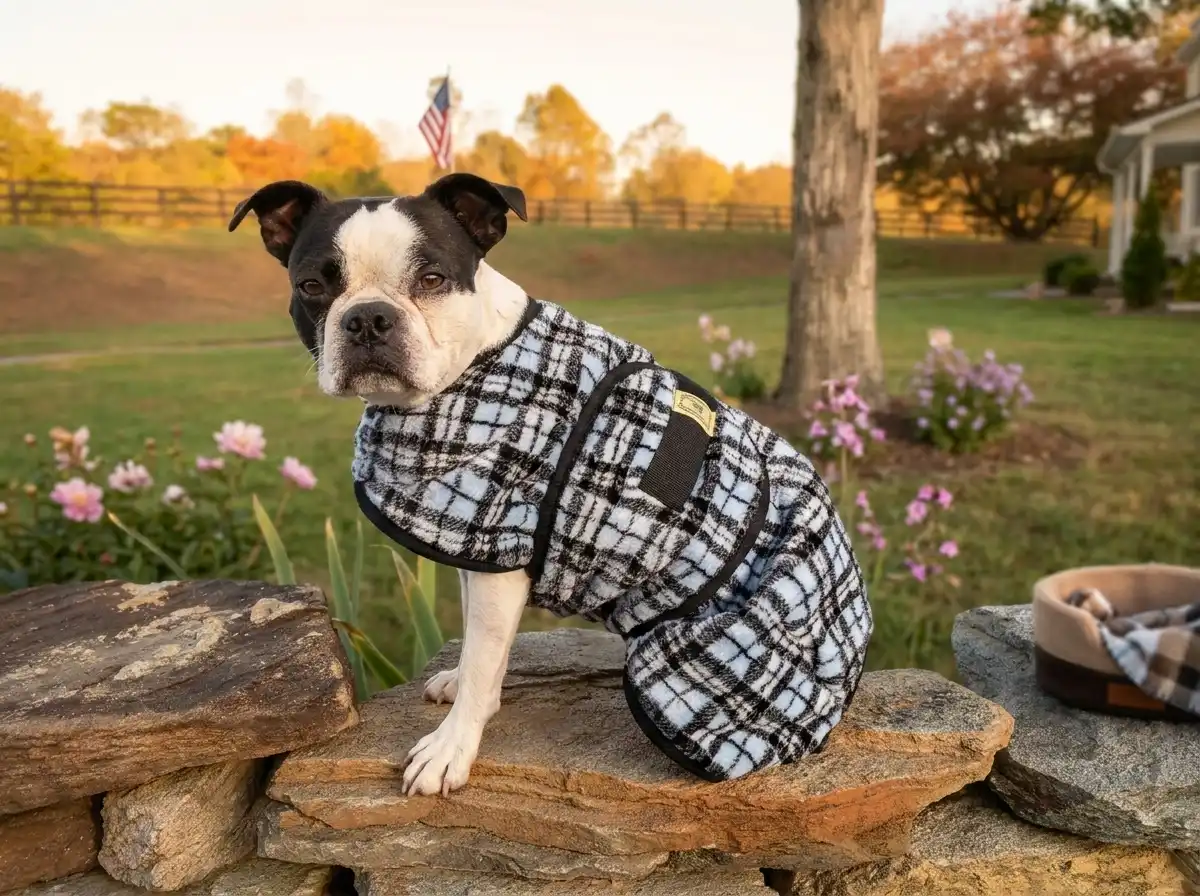 A small dog in a blue and black plaid fleece coat is sitting on a stone wall in front of a yard with flowers.