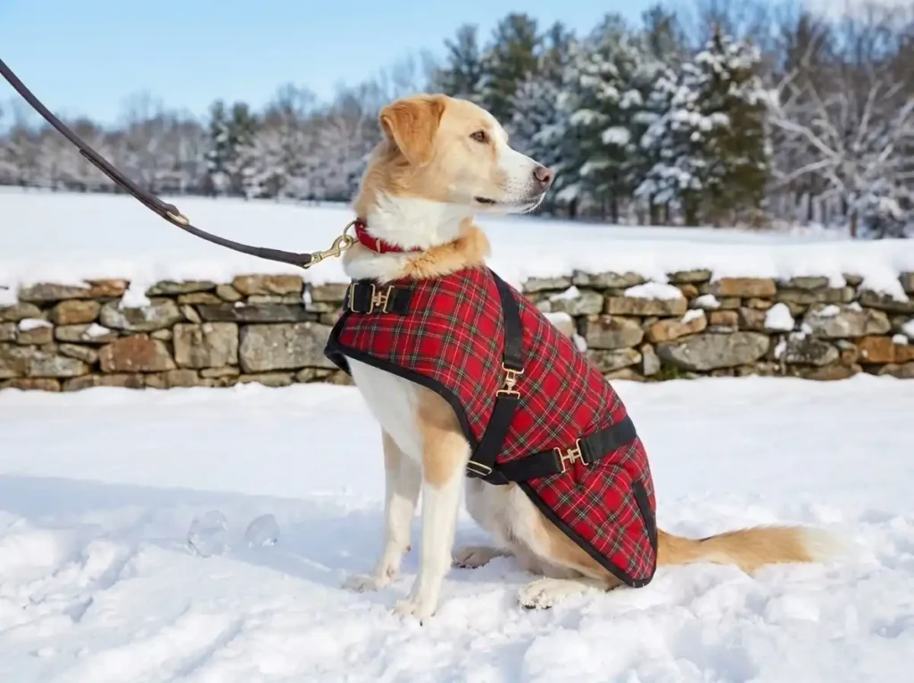 red-plaid A tan and white dog wearing a red plaid foggy mountain dog coats winter coat sits in the snow, looking off to the side.