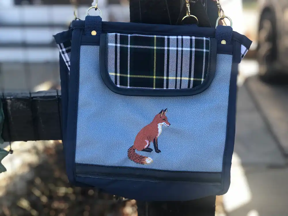 Custom blue plaid tote bag featuring a detailed illustration of a fox, with a leather shoulder strap.