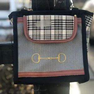Custom plaid tote bag, with a leather shoulder strap.