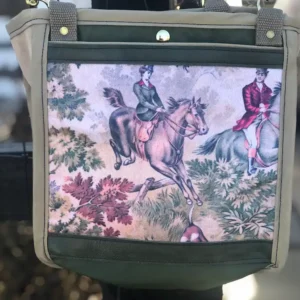 Custom green tote bag featuring a detailed illustration of a horse and rider with leaves, with a leather shoulder strap.