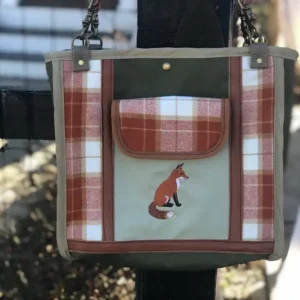Custom red plaid tote bag featuring a detailed illustration of a fox, with a leather shoulder strap.