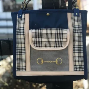 Custom plaid tote bag, with a leather shoulder strap.