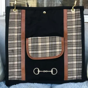 Custom plaid tote bag, with a leather shoulder strap.