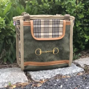 Custom green plaid tote bag, with a leather shoulder strap.