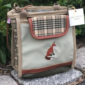 Custom green plaid tote bag featuring a detailed illustration of a fox, with a leather shoulder strap.