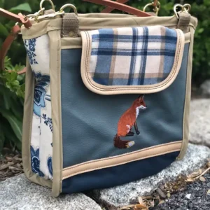 Custom blue plaid tote bag featuring a detailed illustration of a fox, with a leather shoulder strap.