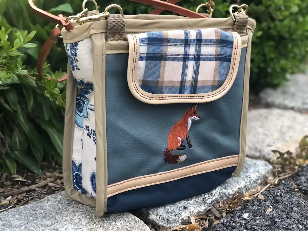 Custom blue plaid tote bag featuring a detailed illustration of a fox, with a leather shoulder strap.