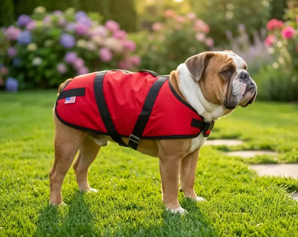 English-bulldog English bulldog in a red dog coat standing in green grass with multi-colored flowers in the background