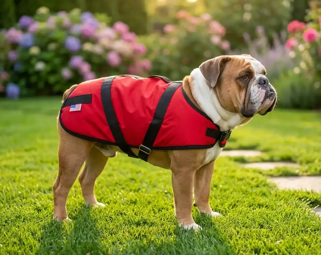 English bulldog in a red dog coat standing in green grass with multi-colored flowers in the background