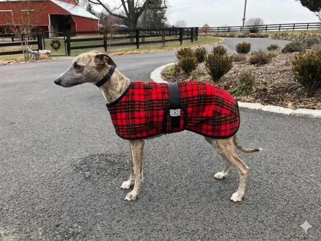 whippet-red-coat charcoal colored whipped dog standing in a cement driveway wearing a plaid red dog coat